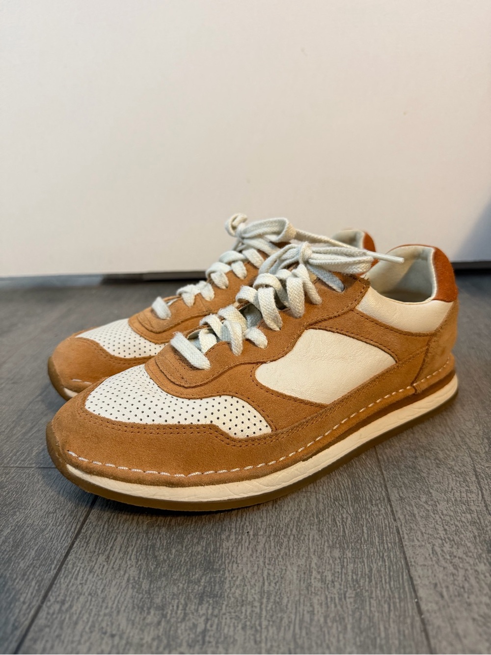 Clarks Women’s Peach and Cream Leather Suede Sneakers